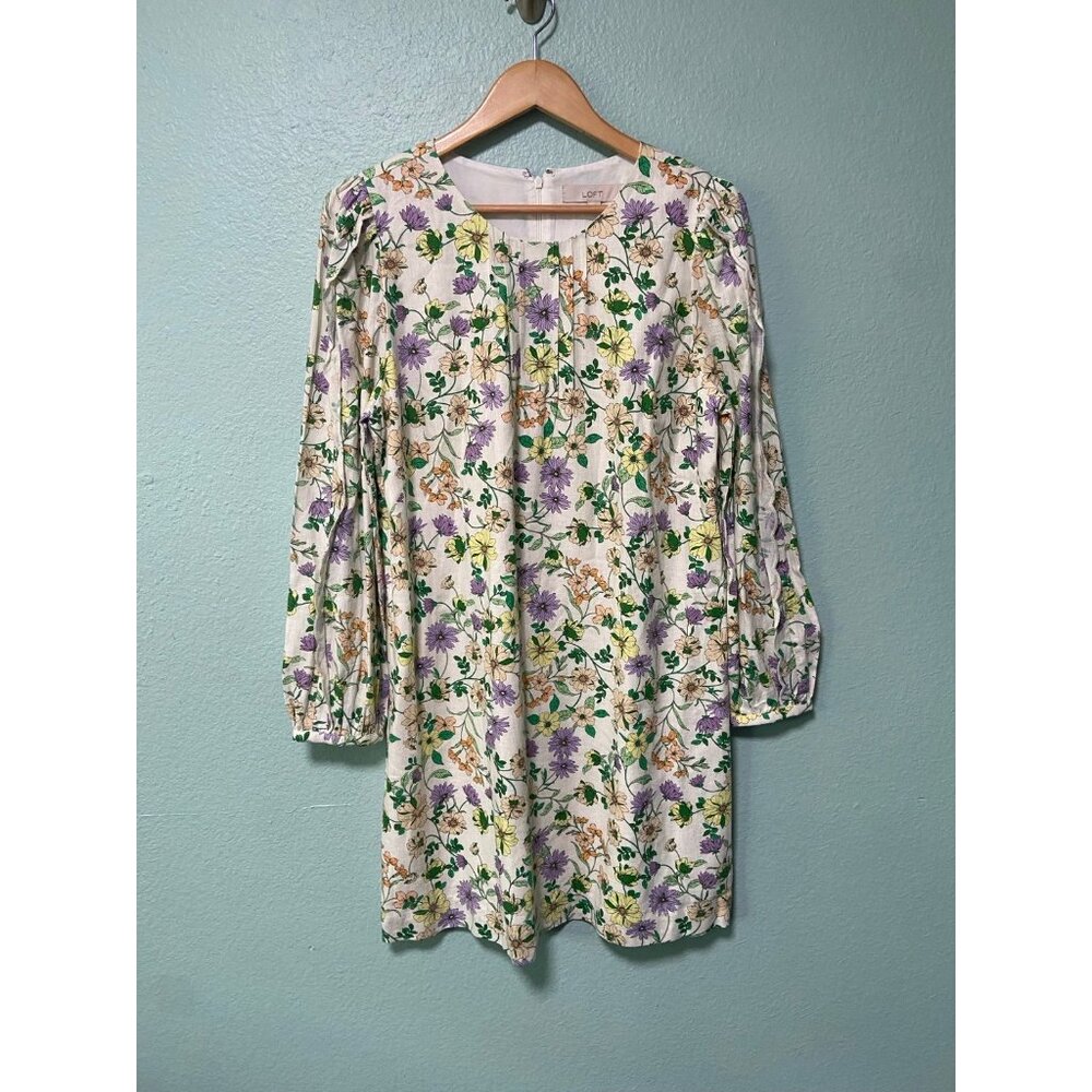 NWT Loft Women's Floral Linen Blend Long Sleeve Shift‎ Dress Size 14 - Picture 2 of 11